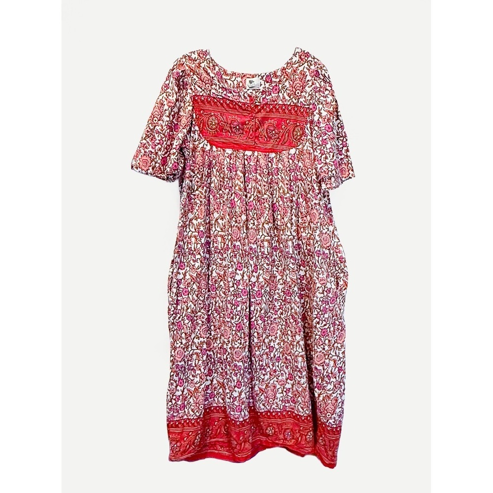 Daffodil Floral Boho Empire Waist Dress Pink Red‎ Cottagecore Midi Women's S M